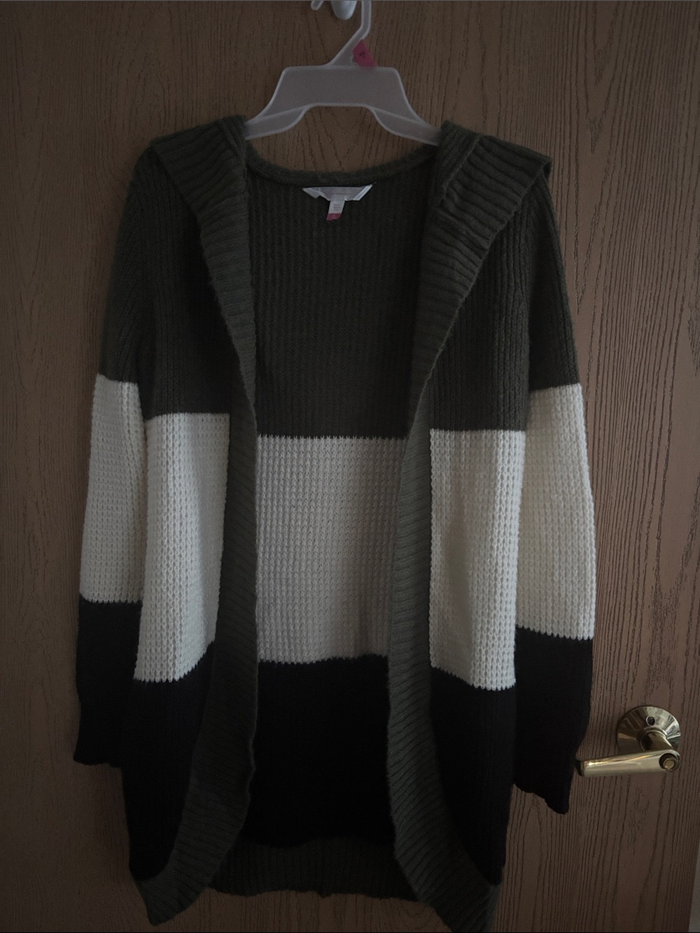 No Boundaries Hooded Colorblock Open Cardigan - Olive, Cream & Black